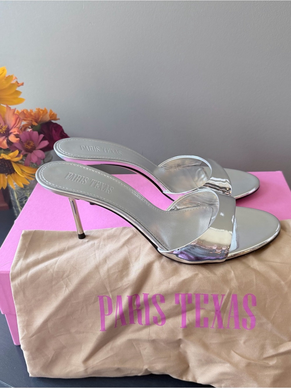 Paris Texas Silver Metallic Slide Sandals - Women's High Heel